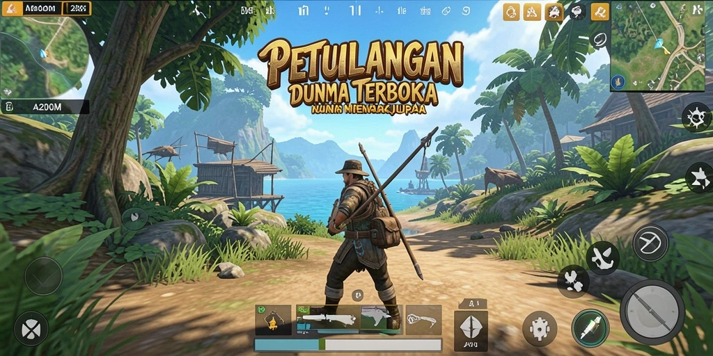 Screenshot A200M menampilkan pemain menjelajahi dunia terbuka yang luas.