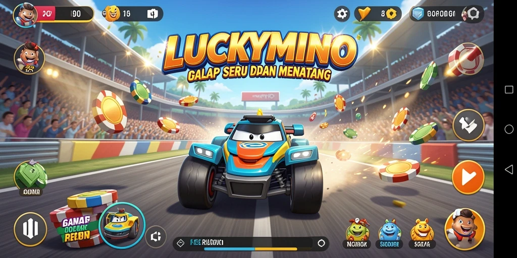 Tampilan gameplay LUCKYMINO yang menegangkan dan seru di trek balap.