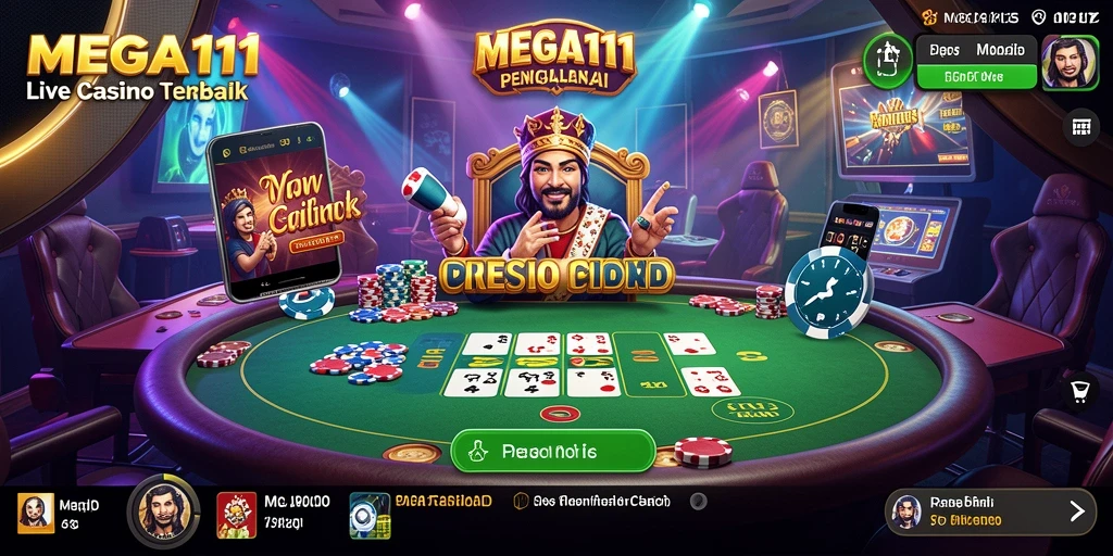 Screenshot gameplay MEGA111 dengan dealer langsung dan permainan yang mendebarkan.
